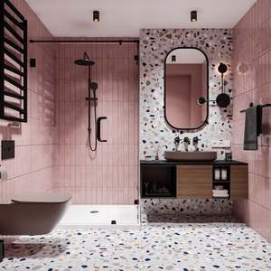 Meuble de salle de bain sur mesure pour hôtel, lavabo en bois flottant rose, ensemble nordique, meuble de toilette pour hôtel, lavabo de salle de bain - Product Image 1