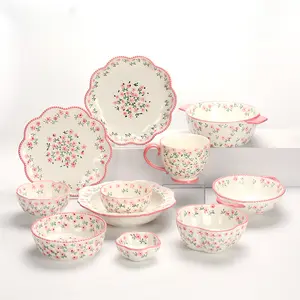 Conjunto de louça de cerâmica rosa moderno e bonito, prato de porcelana inquebrável e tigela com desenho de flores e plantas