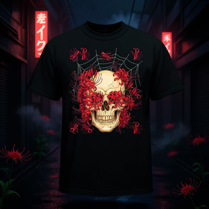 Camiseta con diseño de calavera de lirio araña rojo, diseño japonés de anime Otaku, color negro - Product Image 3