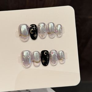 Nuevo Producto Lanzado, Starlight Fantasy Dream - Uñas Hechas a Mano de <span class=keywords><strong>la</strong></span> Serie Moon and Star Night, Coloridas y Brillantes en Plata y Negro - Product Image 1