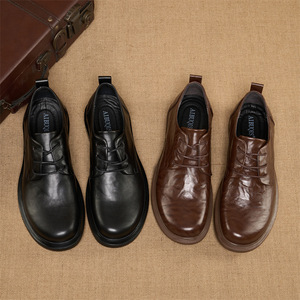Chaussures habillées pour hommes en cuir véritable, style Oxford, bout rond, à lacets, légères, pour le bureau et la carrière, marron et noir, toutes saisons, semelle en caoutchouc - Product Image 3
