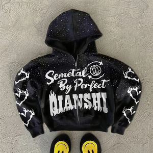 Streetwear de haute qualité sweat à capuche à fermeture éclair printemps sweat à capuche sérigraphié personnalisé conception recadrée strass sweat à capuche zippé unisexe - Product Image 2