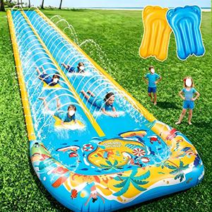 Tobogán Acuático de PVC con Estampado Tropical Azul y Amarillo, con Aspersor y 2 Tablas para Niños, para Carreras en el Patio Trasero, 480x82 Pulgadas - Product Image 1
