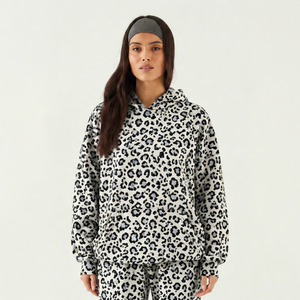 <b>Women</b> <b>White</b> Black Leopard Print Embroidery Breathable Ecofriendly Lined Full Hooded Long Sleeve Casual Streetwear Premium <b>Hoodie</b> - Product Image 1