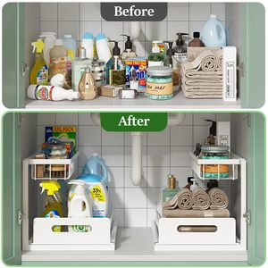 Blanc 2 niveaux glisser <span class=keywords><strong>sous</strong></span> l'<span class=keywords><strong>évier</strong></span> retirer <span class=keywords><strong>évier</strong></span> étagère armoire organisateur étagères de rangement pour cuisine salle de bain armoire - Product Image 3