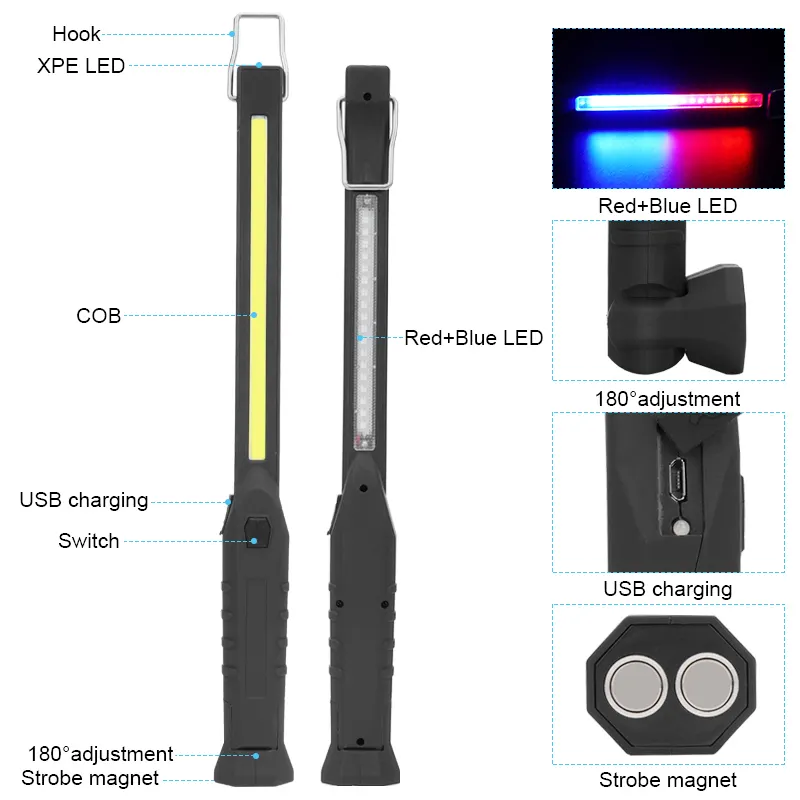 Car Repair Light XPG+COB Red And Blue Warning Light Portable Work Light With Magnetic Base USB Rechargeable Flashlight For Car Repair Emergency