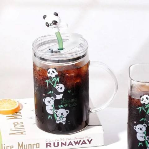 Hot Sale New Design Bottles Panda and Koala Water Milk Cups Lids Juice Glass Mugs With Straw Light Luxury