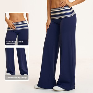 Contrast Waistband <b>Wide</b> <b>Leg</b> <b>Yoga</b> Leggings Printed Full Length <b>Pants</b> Four Way Stretch Women's Trousers - Product Image 1