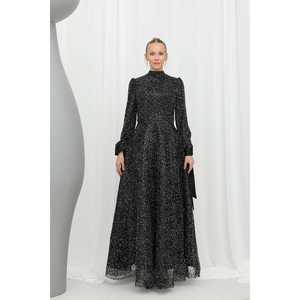 Robe de soirée élégante pour femme, col montant, taille empire, coupe trapèze, en organza, avec superposition transparente, longue robe bleu marine - Product Image 3