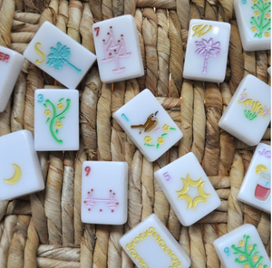 Classic White <b>Plastic</b> Mahjong <b>Tiles</b> Set With Colorful Floral And Symbol Designs For 4 Players Portable Game Play - Product Image 1
