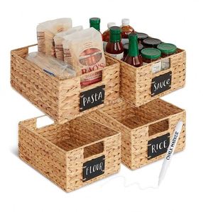 Water Hyacinth Pantry Baskets Woven <b>Kitchen</b> Organizers W/Chalkboard <b>Label</b>, Chalk Marker - Natural - Product Image 1