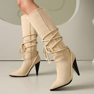 Big Size 47 Pointed Toe High Spike Heels Women Knee High Boots Suede Cross <b>Rope</b> Decor Shoes Wide Fit Long Booties for Ladies - Product Image 3