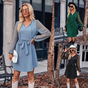2024 Spring Women's Fashion Dress Long Sleeve Tie V-neck New Casual Solid Color Patchwork Lady A-line Belt Causal Dress