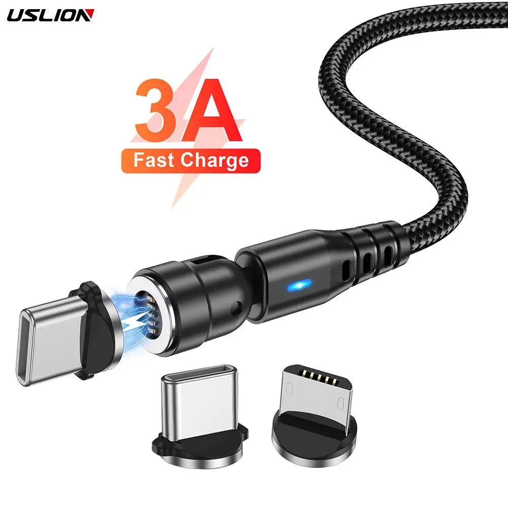 USLION 1M magnetisches 3 in 1 USB-Kabel 540 Rotation Typ C schnelles Aufladen magnetisches USB-Kabel Datenkabel Micro-USB Telefonzubehör
