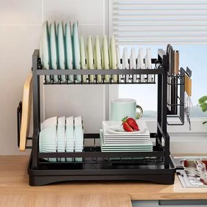 Kitchen Wall Mounted Double Tier Multi-functional <b>Dish</b> Organizer <b>Rack</b> Drainer Stand Waterproof Metal Storage for Chopsticks Sink - Product Image 4