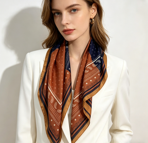 Foulard quadrato in raso con stampa Paisley retrò 90x90 cm, <span class=keywords><strong>bandana</strong></span> blu navy e <span class=keywords><strong>marrone</strong></span>, accessorio moda donna per collo e testa - Product Image 1