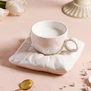 Set Hadiah Pernikahan, Nordic Lucu Mug Kreatif Macaron Keramik Tas Bantal Cangkir Sarapan Kopi Susu Cangkir Teh dan Piring