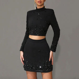 Nouveautés femmes mode couture lourde clou perlé diamant haut court et jupe ensemble deux pièces d'ensemble - Product Image 1