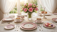 Service de table en céramique de luxe avec bordure dorée, motif géométrique cygne rose et violet, assiettes en porcelaine fine personnalisées, tasses à thé et soucoupes