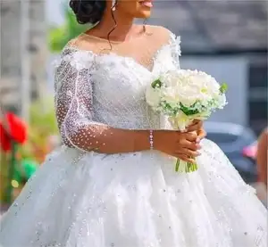 new high quality luxury fashion wholesale lace long sleeve custom wedding dress bridal gown evening fabric