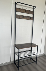 Perchero con banco para zapatos, banco de entrada con almacenamiento de calzado, 3 en 1, estructura de acero, marrón rústico y negro - Product Image 6