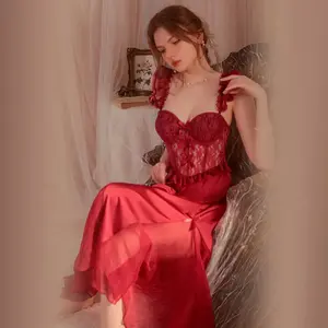 Atacado Sleepwear Mulheres Sexy Lingerie Nightgowns Ver através Flounce Lace Nightdress Vestido Longo e Robe Set Silk Pijamas Set