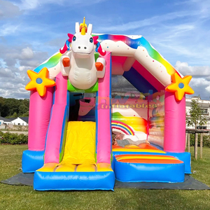 Château gonflable commercial d'été pour fêtes en extérieur, avec toboggan et piscine aquatique, en forme de licorne. - Product Image 3