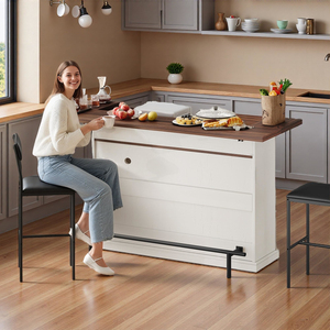 Breakfast Bar <b>Table</b> with Drop Leaf, Kitchen <b>Island</b> Storage, Mobile Storage <b>Islands</b> Power Outlet, Off White - Product Image 3