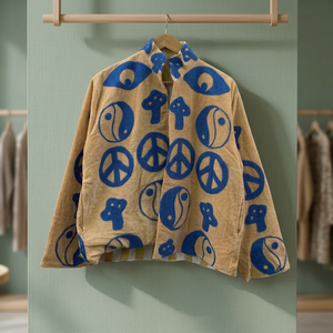 Manteau en velours floqué pour femme, col montant, en tissu éponge, bleu, broderie Yin Yang, manches longues, automne, longueur standard - Product Image 3
