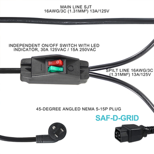 Câble d'alimentation NEMA 5-15P vers double Saf-D-Grid avec interrupteurs indépendants intégrés, câble répartiteur SJT pour centre de données - Product Image 3