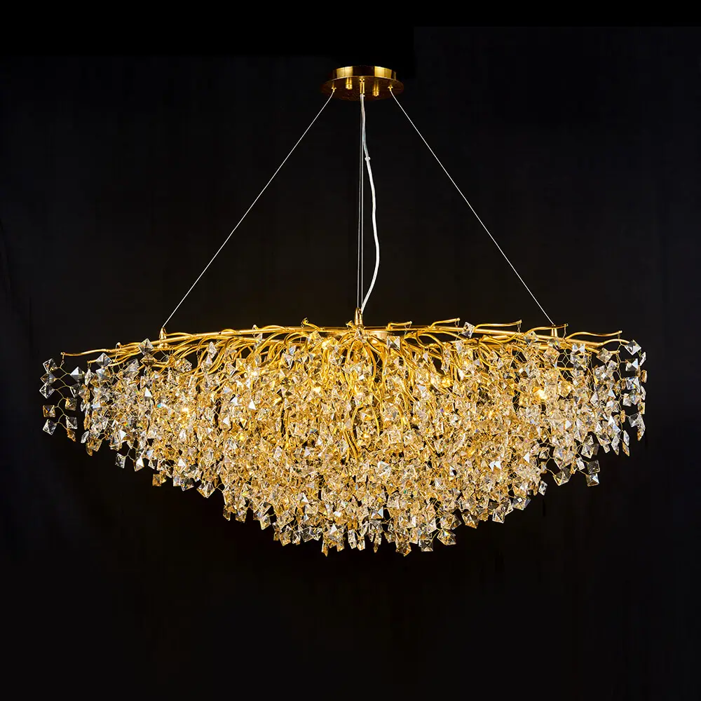 Rustic dining room rectangular pendant light fixtures modern ceiling luxury gold led large tree branch k9 crystal chandelier