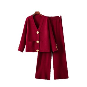 Conjunto Casual de Dos Piezas para <span class=keywords><strong>Mujer</strong></span>, Otoño Invierno, Cárdigan de Punto Combinable con Pantalones Anchos, Atuendos Combinables con Hebilla Metálica - Product Image 6