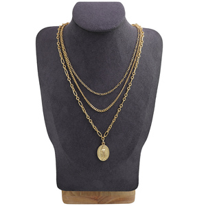 Collar con Colgante de Medalla Milagrosa de <span class=keywords><strong>Tres</strong></span> Capas, con Cruz Religiosa Cristiana, Chapado en Oro de 18K y Acero Inoxidable 304, 16" + 3" - Product Image 1