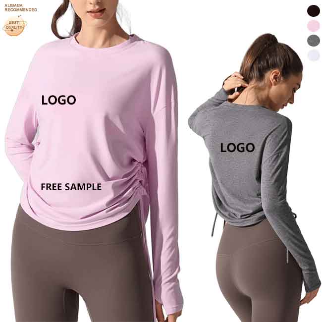 Women Custom Fitness Wear Loose Fit Adjustable Drawstring Yoga Top High Stretch Quick Dry Fabric Factory Gym Pilates Long Sleeve