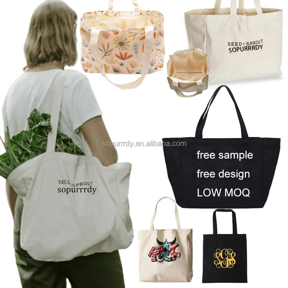 Grand sac à main personnalisé pour la plage en toile de coton pour femmes sac fourre-tout en toile avec poche et logo personnalisé imprimé