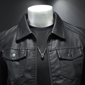 Chaqueta de Cuero para Hombre, Estilo Coreano, Corte Ajustado, Tendencia de Primavera, Otoño e Invierno, con Terciopelo Grueso, Talla Grande, Chaqueta de Motociclista - Product Image 3