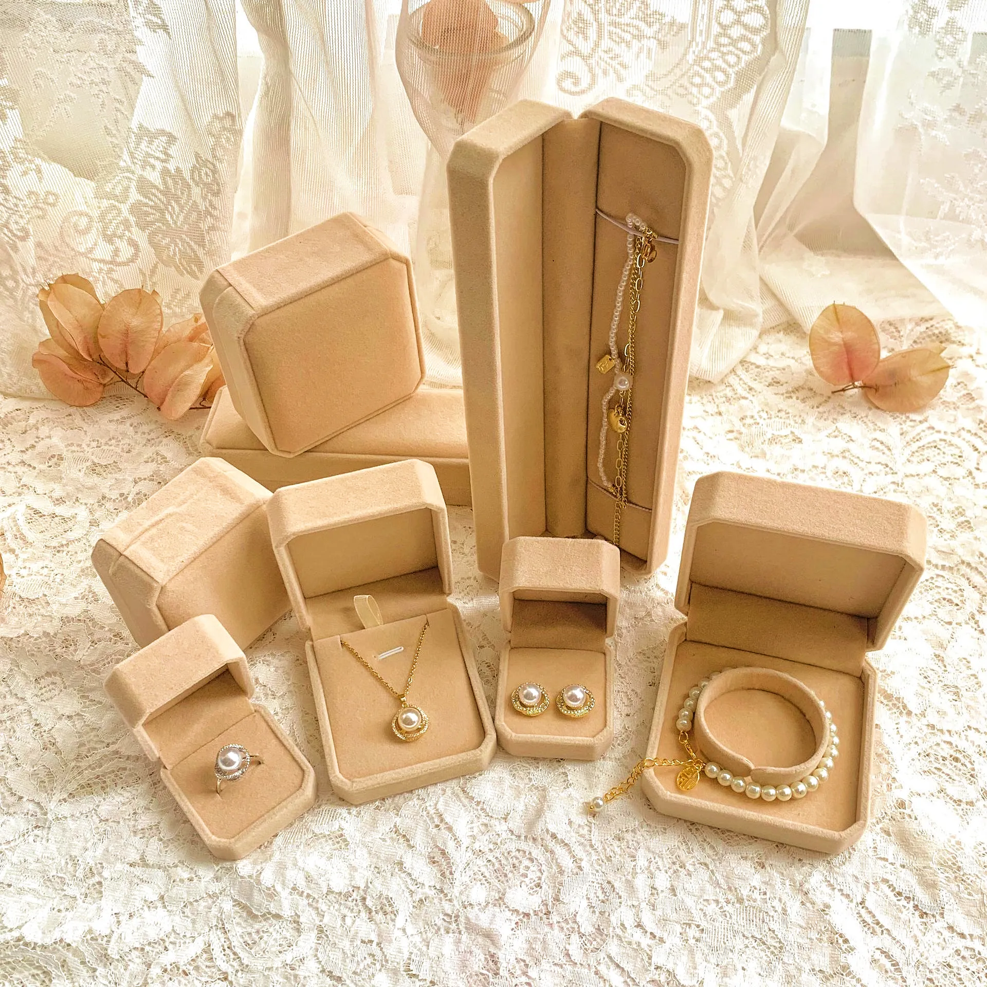 Caixa de joias de veludo luxuosa FORTE, embalagem octogonal para anel, brincos, colar, menos MOQ, caixas de joias personalizadas