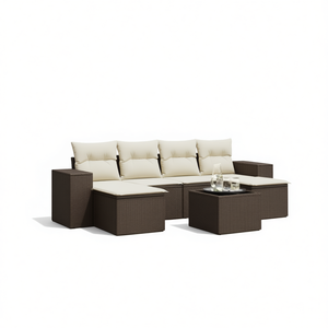 Ensemble de canapés de jardin en rotin brun avec coussins crème, mobilier d'extérieur au design contemporain, résistant à l'eau et aux UV, en osier PE - Product Image 1