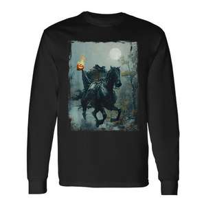 Camiseta de manga larga vintage con diseño de hombre sin cabeza y cara de calabaza, estilo Halloween de terror - Product Image 1