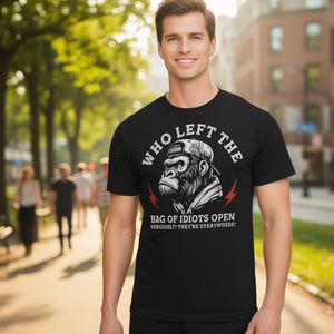 Camiseta promocional negra para hombre Who Left The Bag Of Idiots Open - Product Image 3