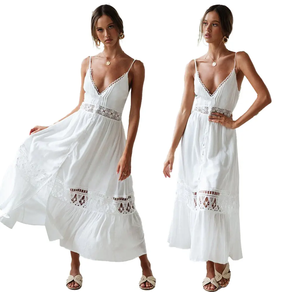 Popular venda quente renda branca fina oco sling mangas backless mulheres vestido de corte baixo