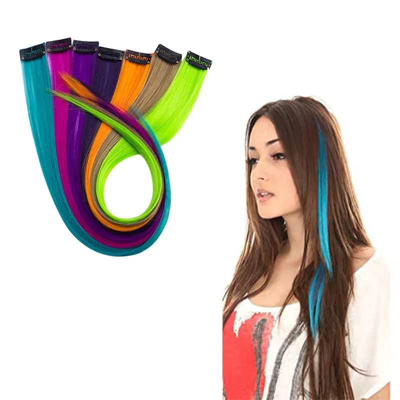 Hot Selling 20 Inches Highlight Hair Clip Colorful Straight Synthetic Crochet Hair Pieces Clip On For Women Girl Kids With Clip