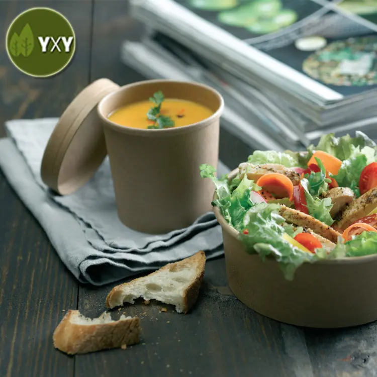 100% Экологичная одноразовая миска для супа из крафт-бумаги пищевого класса с бумажной крышкой