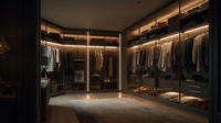 Dressing moderne de luxe en chêne massif pour chambre principale et salle à manger avec porte vitrée et éclairage LED – Solution complète