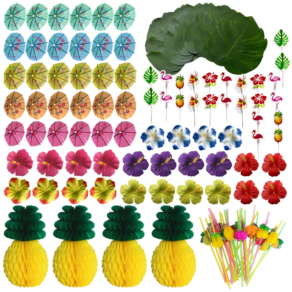 Искусственная тропическая черепаха с листьями на спине, цветок гибискуса, маленький зонт, сотовые, соломенные, ананасовые украшения, набор из 137 шт.