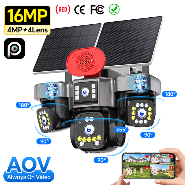 16MP Outdoor Engineering CCTV Camera 4G Solar 4 Lens 6 Motor Full Color Night Vision AOV Low Consumption Business SecurityCamera
