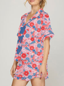 Summer <strong>Patriotic</strong> Independence Day Floral Heart Flag Print <strong>Short</strong> Sleeve Shirt <strong>Shorts</strong> Pajama Set Women - Product Image 6
