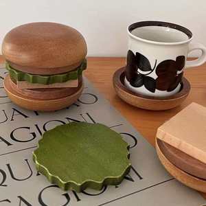 Wooden Burger <b>Coaster</b> Set Magnetic Layered Design Round Shape Desk Decor Heat Resistant Table Accessory - Product Image 1