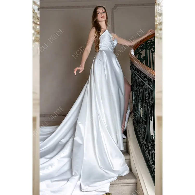 Supplier Wholesale Satin Strapless High Slit Roupa Vestido Largo De Mujer Wedding Gown Mikado Haute Couture Tailed Bridal Dress