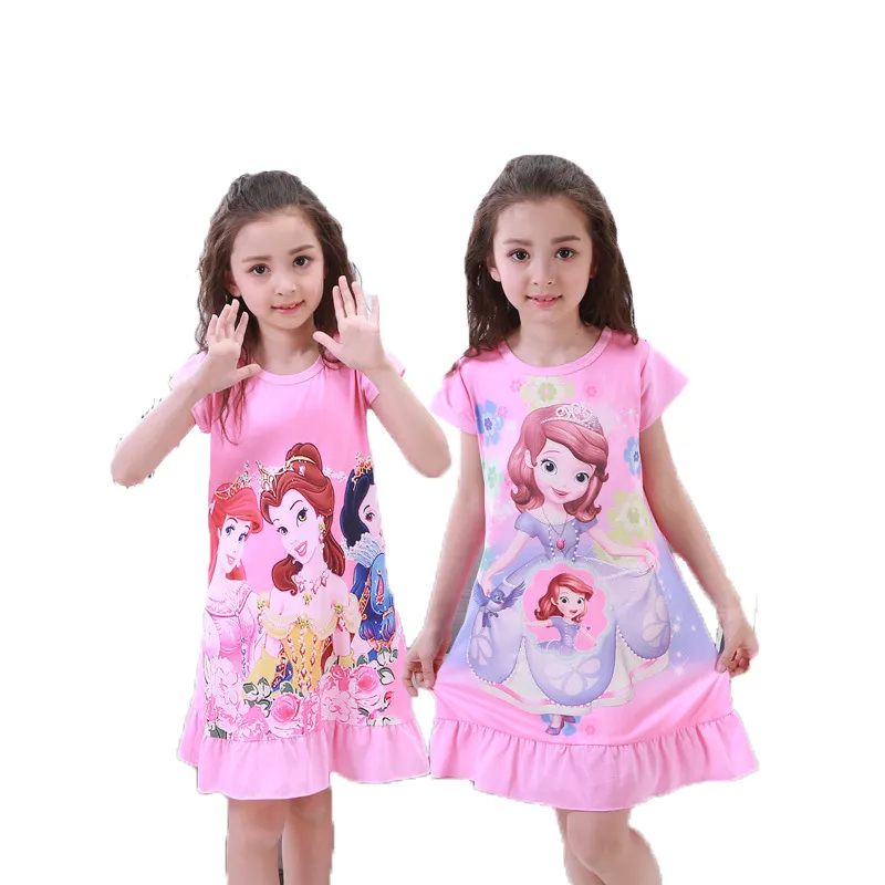 Summer Anna Elsa Sofia Girls Nightdress Cotton Short Sleeve Straps Ruffle Princess Dress Pajamas Slin Nightgowns Kids Clothes